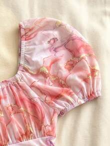 SHEIN Teen Girls Summer Casual Elegant Marble Print Dress Hot Pink Powder Marble Pattern Vacation - Multicolor - View 4