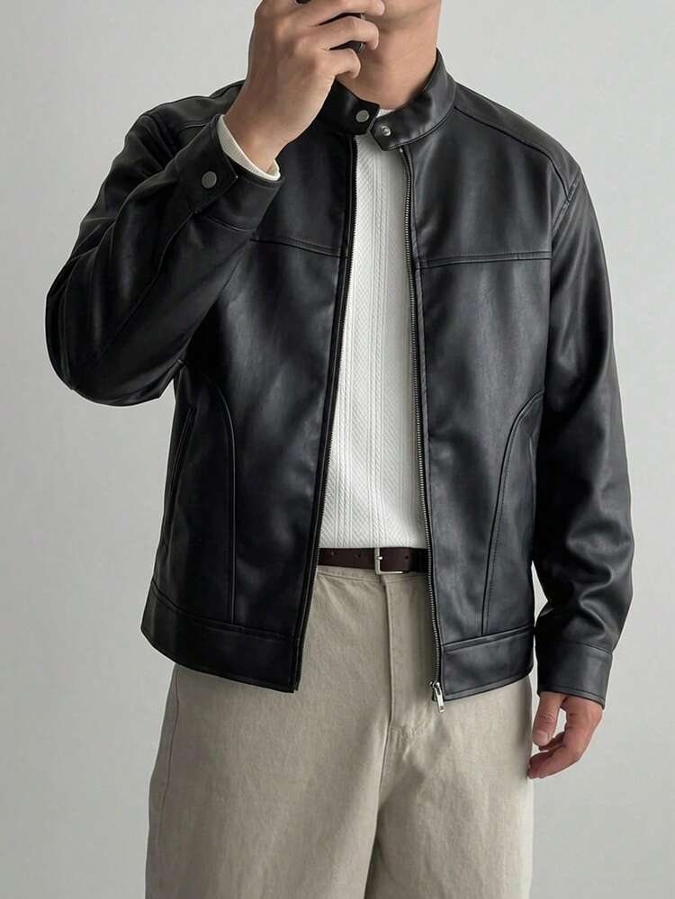 Men's Solid Black PU Jacket And Coat, Suitable For Spring And Autumn