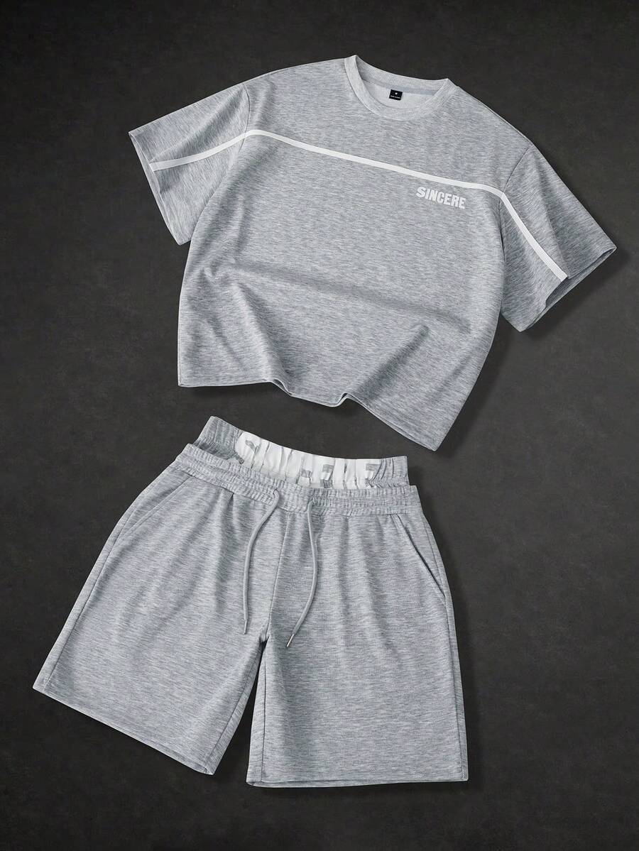 STYNVO Men's Summer Casual Daily Commute Letter Print Drop Shoulder Loose T-Shirt And Drawstring Double Waistband Shorts Set - Grey - View 1