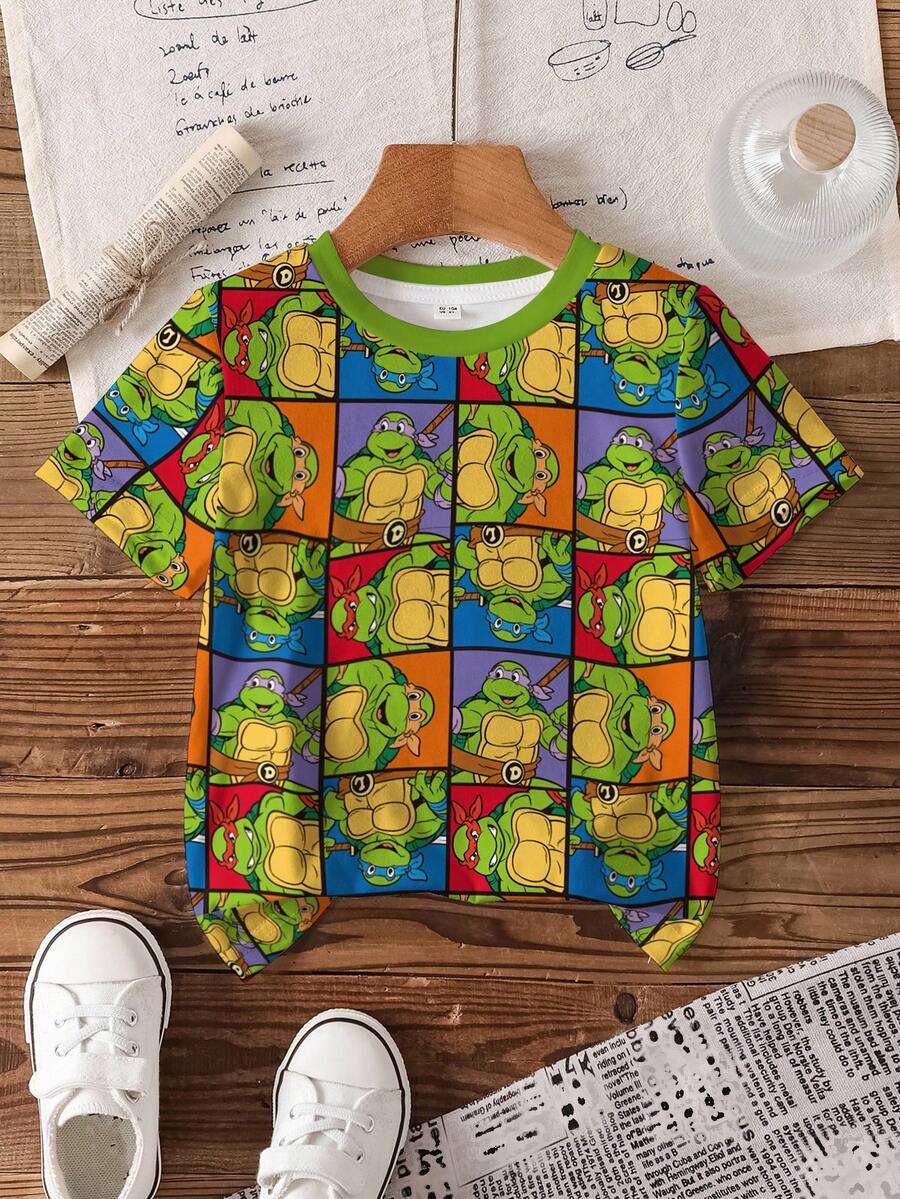 TEENAGE MUTANT NINJA TURTLES | SHEIN Young Boy Summer Casual Turtle Print Crew Neck Short Sleeve T-Shirt - White - View 1