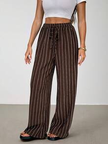 SHEIN Tall Women's Striped Drawstring Waist Wide Leg Loose Casual Pants, For Daily Wear, Suitable For Spring, Summer And Autumn, French Holiday, Tall Women - Brown - View 3