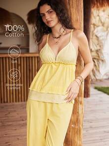 Lullawish Bohemian Casual Comfortable Young Hollow Floral Knit Fabric Patchwork Contrast Color Cotton Blend Camisole Women Pajama Set Sleeping Yellow Summer - Yellow - View 3