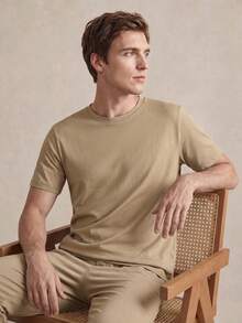 SHEIN Men's Simple Comfortable Solid Color Crew Neck Short Sleeve Top And Casual Long Pants Pajama Set - Khaki - View 5