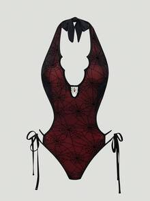 ROMWE Women's Gothic Punk Apocalypse Themed Black & Red Spider Web Flocked Mesh One-Piece Swimsuit, Adorned With Spider Pendant, Halter Neck Design, Waist Cutout, Open Back Detail With Tie Straps And Asymmetrical Neckline; Available In Black/Red/Burgundy. Perfect For Festivals, Parties, Vacations And Spring Break Occasions. Black And Red Mesh Bikini Set. Gothic Punk Style Bikini. Dark Aesthetic Swimwear. - Multicolor - View 7