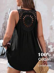 EMERY ROSE Plus Size Women's Lace Patchwork High-Low Tank Top - Black - View 8