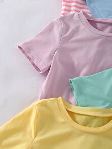 Random 2pcs, Girls Solid Color/Striped Soft Cotton-Feel Casual T-Shirts, Suitable For Summer, Back To School, Spring, Autumn, Winter Wear, Solid Color + Striped Design With Contrast Collar, American Style, Randomly Shipped 2pcs - Multicolor - View 6