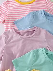 Random 2pcs, Girls Solid Color/Striped Soft Cotton-Feel Casual T-Shirts, Suitable For Summer, Back To School, Spring, Autumn, Winter Wear, Solid Color + Striped Design With Contrast Collar, American Style, Randomly Shipped 2pcs - Multicolor - View 7