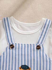 SHEIN 2件/套 幼童男童圓領短袖T恤與卡通熊刺繡吊帶短褲套裝，休閒戶外與日常穿著，春/夏 - 彩色 - 查看 9