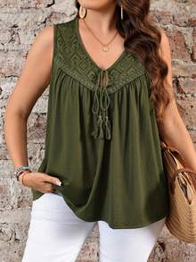 EMERY ROSE Plus Size Women Summer Casual Vacation Country Solid Color Pleated Casual Versatile Daily Wear Tank Top Green Vest,Country Concert Outfit,Festival Outfits For Women,Festa Junina - Army Green - View 1