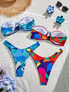 SHEIN Women's Color Block Contrast Metal Buckle Bandeau Top And Triangle Bikini Bottom 4-Piece Set - Multicolor - View 2