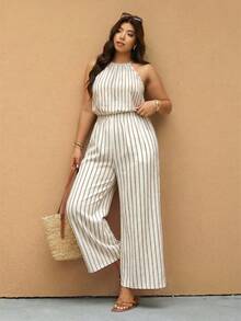 Elaquor Jumpsuit Wanita Ukuran Besar Motif Garis-garis Model Halter Neck Longgar dengan Kaki Lebar - Coklat - View 4