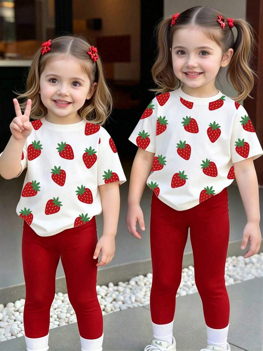 2pcs/Set Young Girls Strawberry Print Short Sleeve T-Shirt And Skinny Pants,Comfortable Fashionable Summer Outfits For Home,Vacation,Holidays,SS26 - Multicolor - View 1