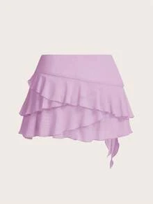 SHEIN ICON Women's Multi-Layer Ruffle Trim Low Rise Y2K Sexy Mini Purple Skirt Beach Autumn - Mauve Purple - View 2
