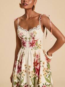 Travachic Women's Floral Print Contrast Lace Elegant Midi Strap Dress - Multicolor - View 4