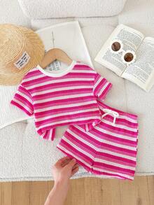 LMoss Kids 2pcs Baby Girl Knitted Striped Round Neck T-Shirt And Shorts Set - Hot Pink - View 4