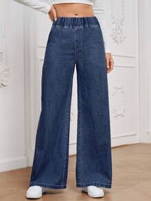 SHEIN PETITE Women's Casual Elastic Waist Wide Leg Jeans - Dark Wash - View 6