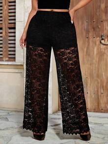SHEIN PETITE CURVE Plus Size Women's Elegant Lace Sheer Palazzo Pants, Suitable For Party - Black - View 4