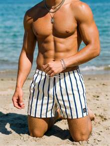 Solantero Swim Trunks For Men Drawstring Waist Security Pockets Lightweight 4-Way Stretch Letter Patches,Stripes For Resort Casual,Beach VacationWhite Fabric Non-Stretch Lined Beach Shorts,Hawaiian - White - View 5