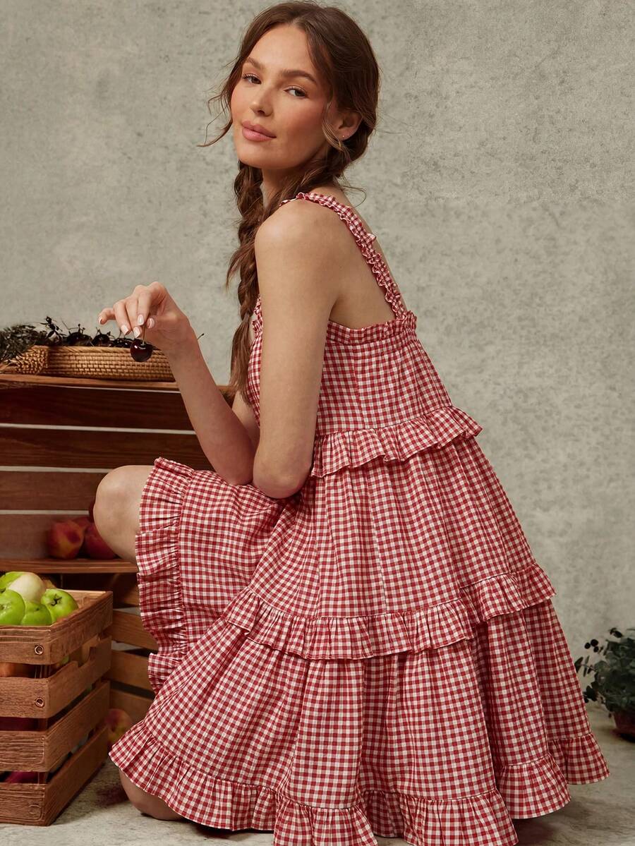 WESTFADE Vestido mini con volantes y volantes en el borde de cuadros BD13195S - Rojo y blanco - Ver 1