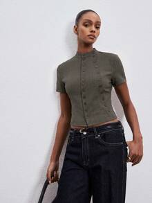 ATUI Studio Áo blouse nữ tay ngắn hai hàng khuy màu trơn phong cách thời trang thường ngày - Màu xanh lá cây đậm - Xem 5