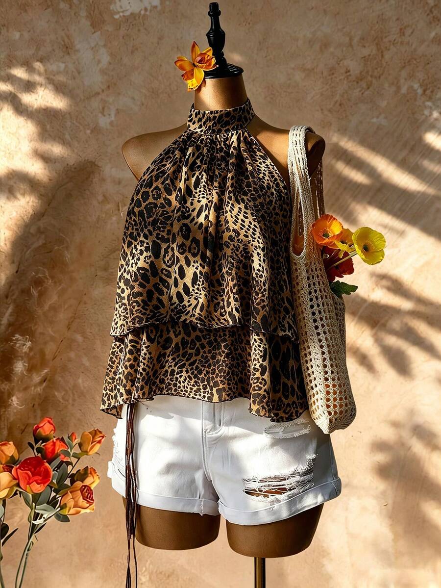 Femesol Yellow Halter Neck Tie Blouse, Elegant Halter Neck Ruffle Hem A-Line Tie Neck Shirt, Light Yellow Casual Office Shirt Halter Neck Backless Blouse For Beach Holiday - Multicolor - View 1