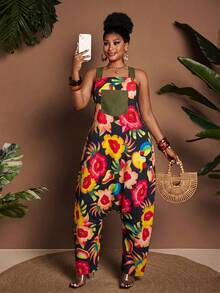 Maweii Plus Size Women's Black Summer Boho Beach Holiday Casual Jumpsuit, Printed Sleeveless Loose Harem Pocket, Adjustable Shoulder Straps Asymmetric Jumpsuit - Multicolor - View 2