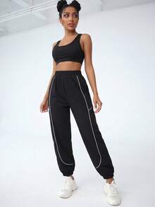 SHEIN EZwear 休閒百搭素色高腰寬褲 - 黑色 - 查看 4