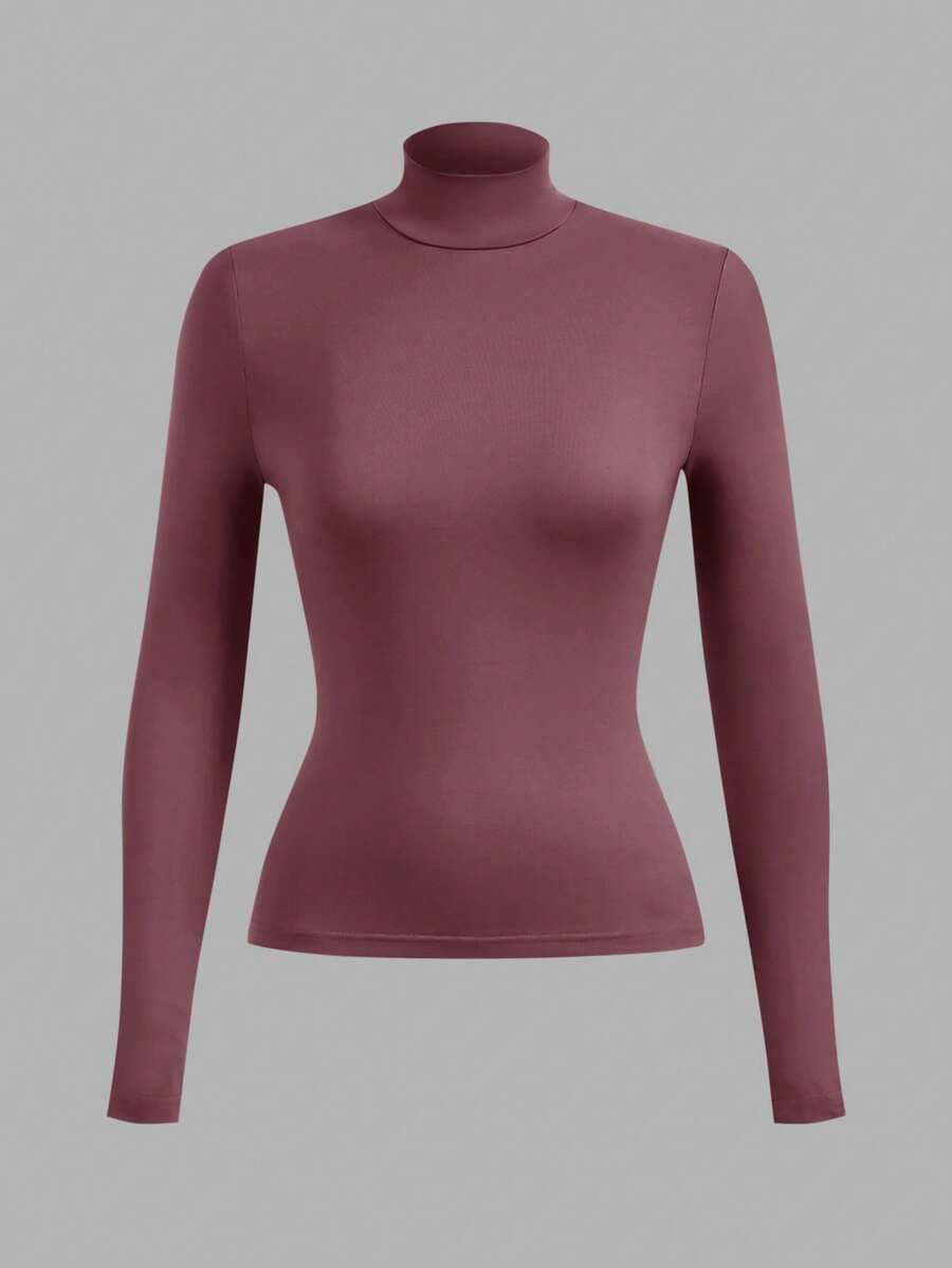 SHEIN BASICS 女款休閒純色針織修身正裝立領長袖T恤 - 中紫紅色 - 查看 1