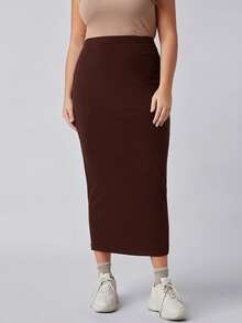 SHEIN BASICS Falda lápiz de cintura alta talla grande - Marrón - Ver 5