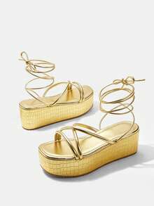 Glitzique Gold Criss-Cross Round Strap Platform Sandals - Fashion Fairy Princess Roman Style Halloween,Spring Summer Outfits - Gold - View 10
