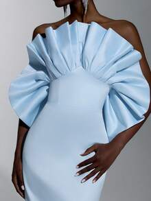 Elitara Elegant Formal Sky Blue Satin Mermaid Evening Gown Dramatic Ruffle Off-Shoulder Floor-Length Fitted Dress With Train For Women Wedding Spring - Baby Blue - View 3