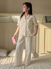 DAZY 青少年女孩愛心印花對比飾邊居家服套裝，適合秋冬春夏 - 杏色 - 查看 5
