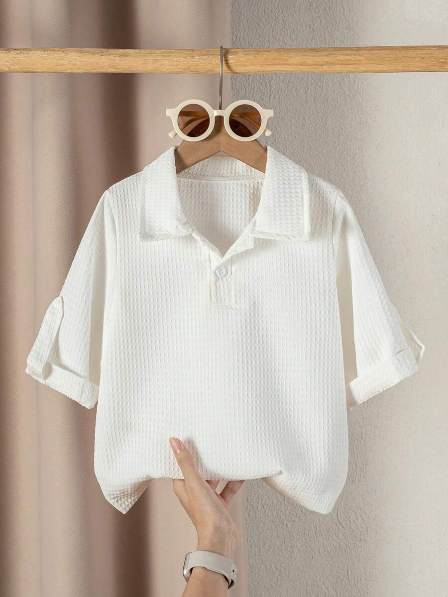 SHEIN Casuvi Kids Young Boy Summer Casual Solid Color Short Sleeve Polo Shirt - White - View 1