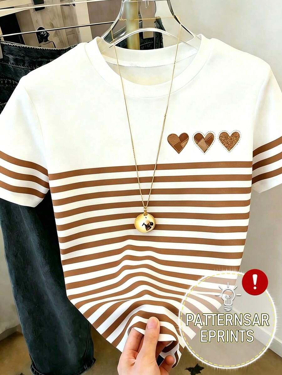 Resyla Women's Color Block Heart Striped Print Short Sleeve Casual Round Neck T-Shirt, Fresh Summer Style - Multicolor - View 1