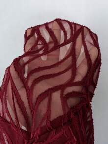 Modelyn Gaun Musim Semi/Gugur Elegan Gaya Liburan Elegan Warna Polos Kain Bertekstur Lengan Mengembang dengan Ikat Pinggang - Burgundy - View 5