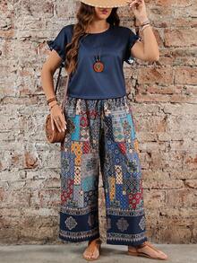 EMERY ROSE 大尺碼女款花瓣肩袖上衣搭配荷葉邊下擺與彈性腰圍長褲套裝，黑色，波希米亞休閒風，適合春夏季 - 彩色 - 查看 1