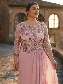 Aureia Plus Size Elegant Romantic Round Neck Sheer 3/4 Sleeve Waist Applique Ruffle Hem Luxurious Embroidered Patchwork Chiffon Suitable For Wedding Party Celebration Formal Dinner Bride Mother Dress - Champagne - View 3