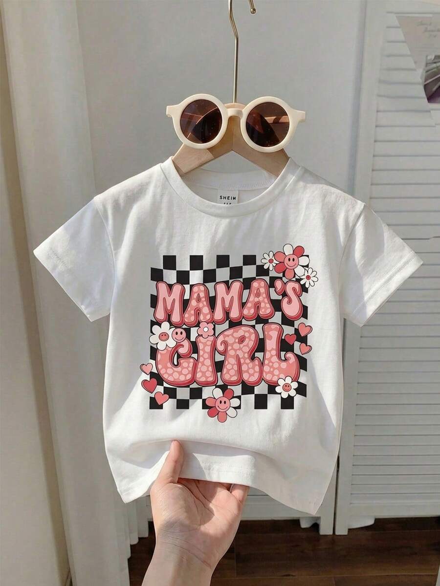 SHEIN 女嬰 Mama's Girl 白色短袖T恤 花卉與臉部棋盤格圖案圓領上衣 可愛休閒夏季白色與粉色親子套裝 - 彩色 - 查看 1