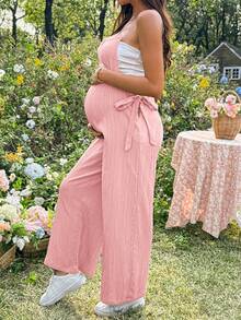 SHEIN Maternity Vacation Casual Solid Color Spaghetti Strap Jumpsuit - Pink - View 4