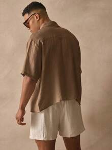 Musero Short Sleeve Boxy Button Through Collared Drop Shoulder Linen Shirt Spring Summer Holiday Essentials Beachside - Khaki - View 4