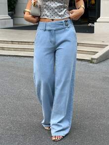 SHEIN Tall 女款多功能戶外多口袋藍色牛仔褲，適合四季穿著，適合高個女性 - 淺色水洗藍 - 查看 7