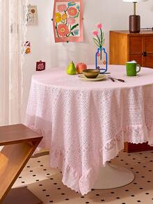 1pc Luxurious French Style Fresh Geometrical Pattern Thick Lace Trim Thickened Tablecloth For Holiday Decor - Pink - View 2