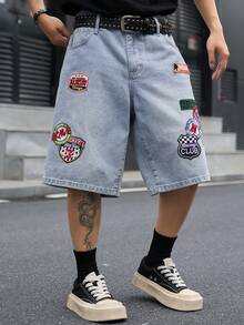 Manfinity EMRG Men's Casual Street Style Distressed Blue Denim Shorts - Light Wash - View 3