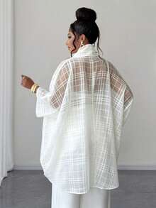 Maweii Plus Size Women's Sheer Criss-Cross Plaid Print Fashion Top - White - View 2