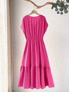 Rusticease Plus Size Women's Casual Vacation Short Sleeve Solid Color Rose Pink Mid-Length Dress, Comfortable & Relaxed,Summer - Hot Pink - View 2