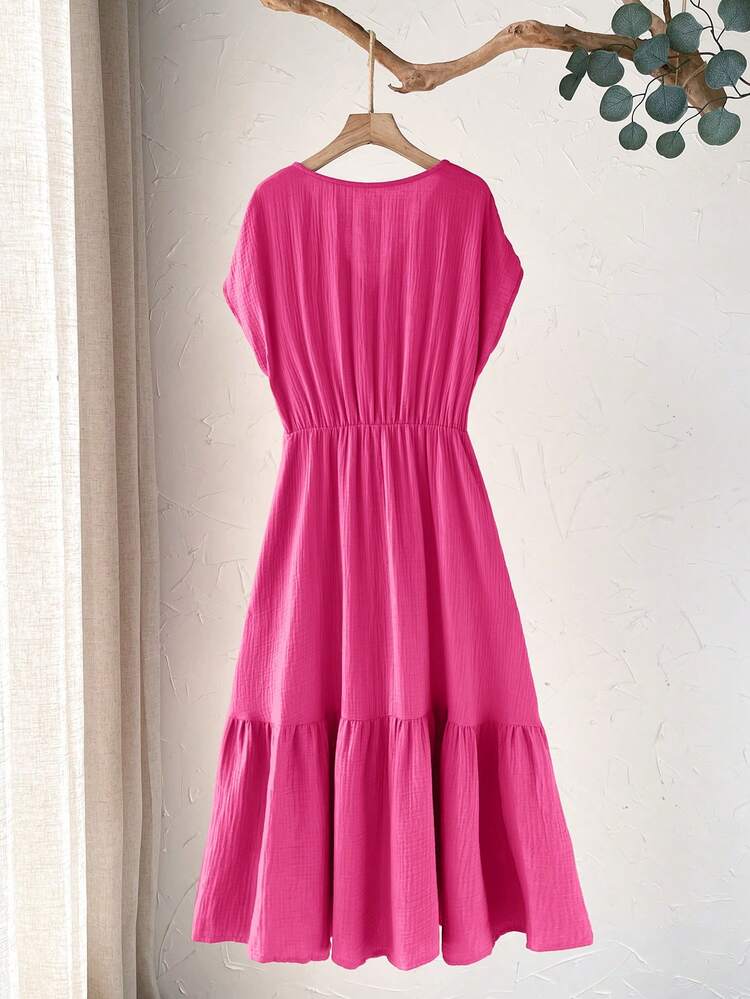 Plus Size Women's Casual Vacation Short Sleeve Solid Color Mid-Length Dress, Comfortable & Relaxed