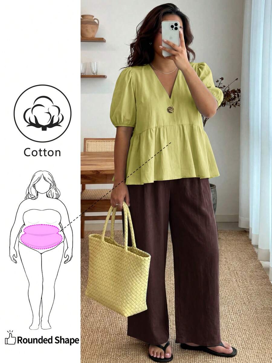 Enliva Plus-Size Women's Ruffled Puff Sleeve Two Pieces Set, V-Neck Cardigan Top And Stretch Waist Trousers Set - Multicolor - View 1