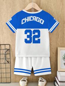 2pcs/Set Toddler Boys' Casual Creative Numeric 32, Chicago Star Striped Colorblock Letter Graphic Print Short Sleeve T-Shirt And Shorts Set, Comfortable Daily Wear, Suitable For Spring, Summer - Multicolor - View 2