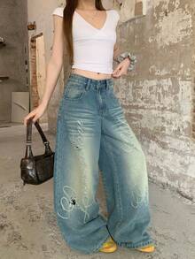 DAZY Women's Letter Distressed Design Loose Straight Leg Jeans, Casual Street Style Fall - Medium Wash - View 3