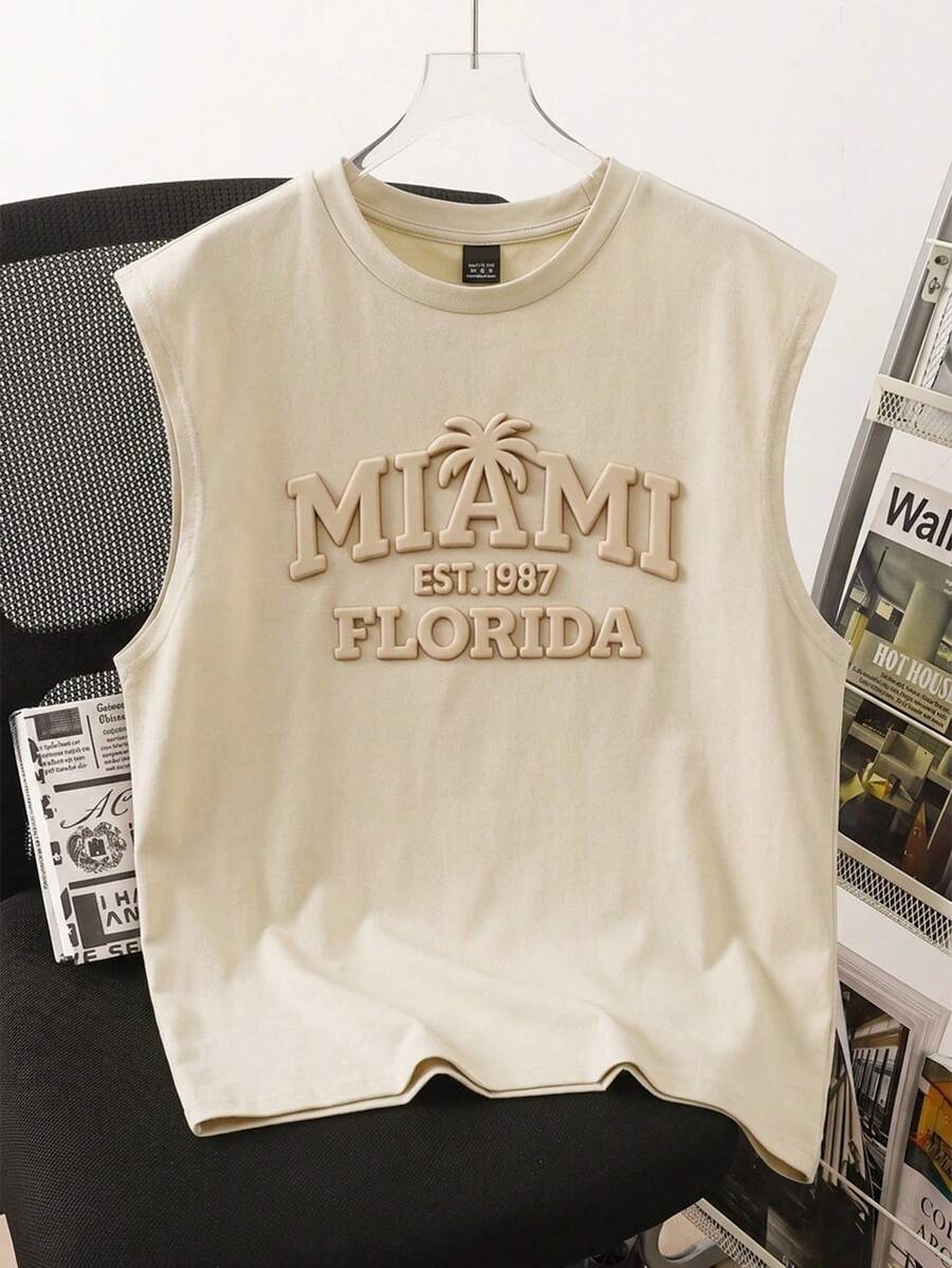 Daypath Khaki Plus Size Men's 3D Letter Print Tank Top, Suitable For Summer Outings, Casual Minimalist Daily Wear - Khaki - View 1